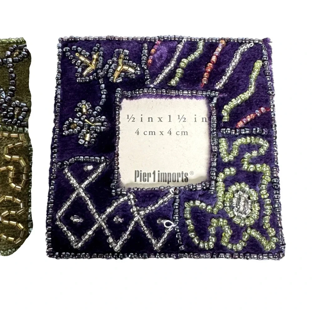 NFS Set Of 3 Pier One Imports Velvet & Beaded 1.5 x 1.5 Mini Photo Frames, NEW